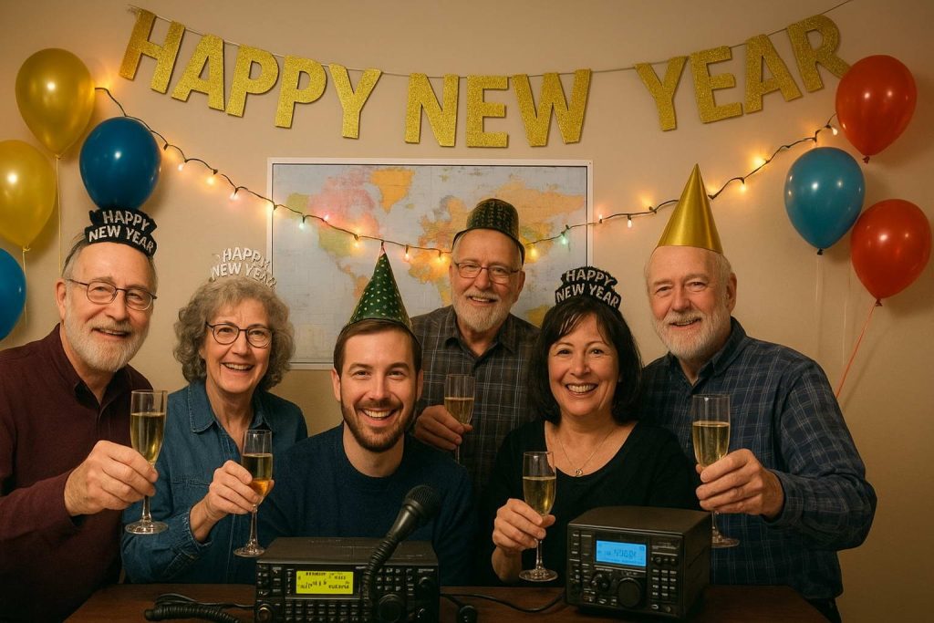 make me a image of new years celebration of members amateur radio club